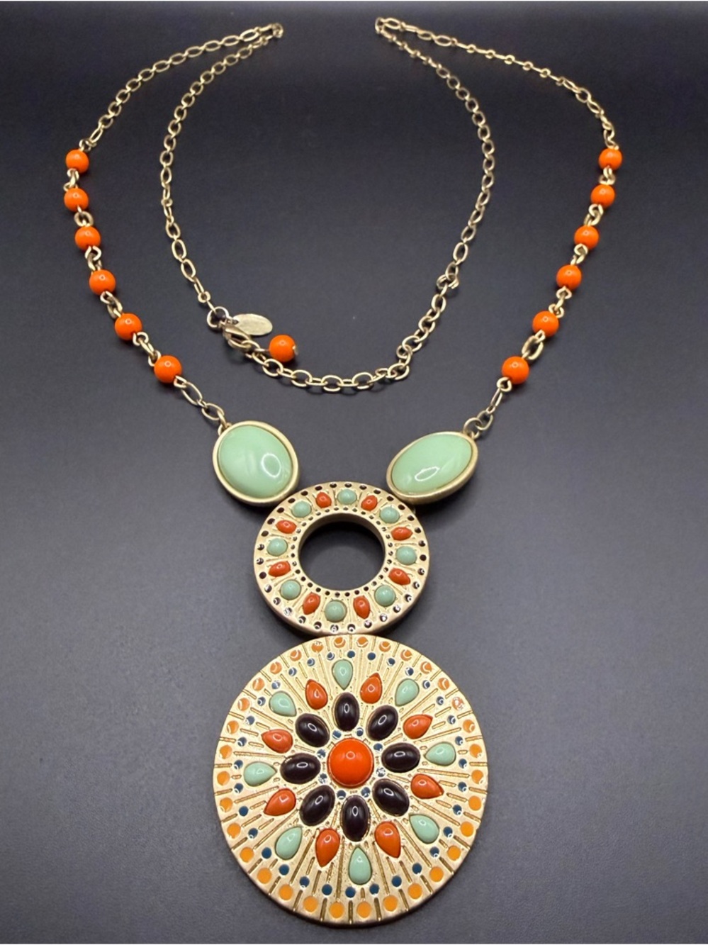 Lia Sophia Orange, Mint & Black Medallion Pendant Necklace Long